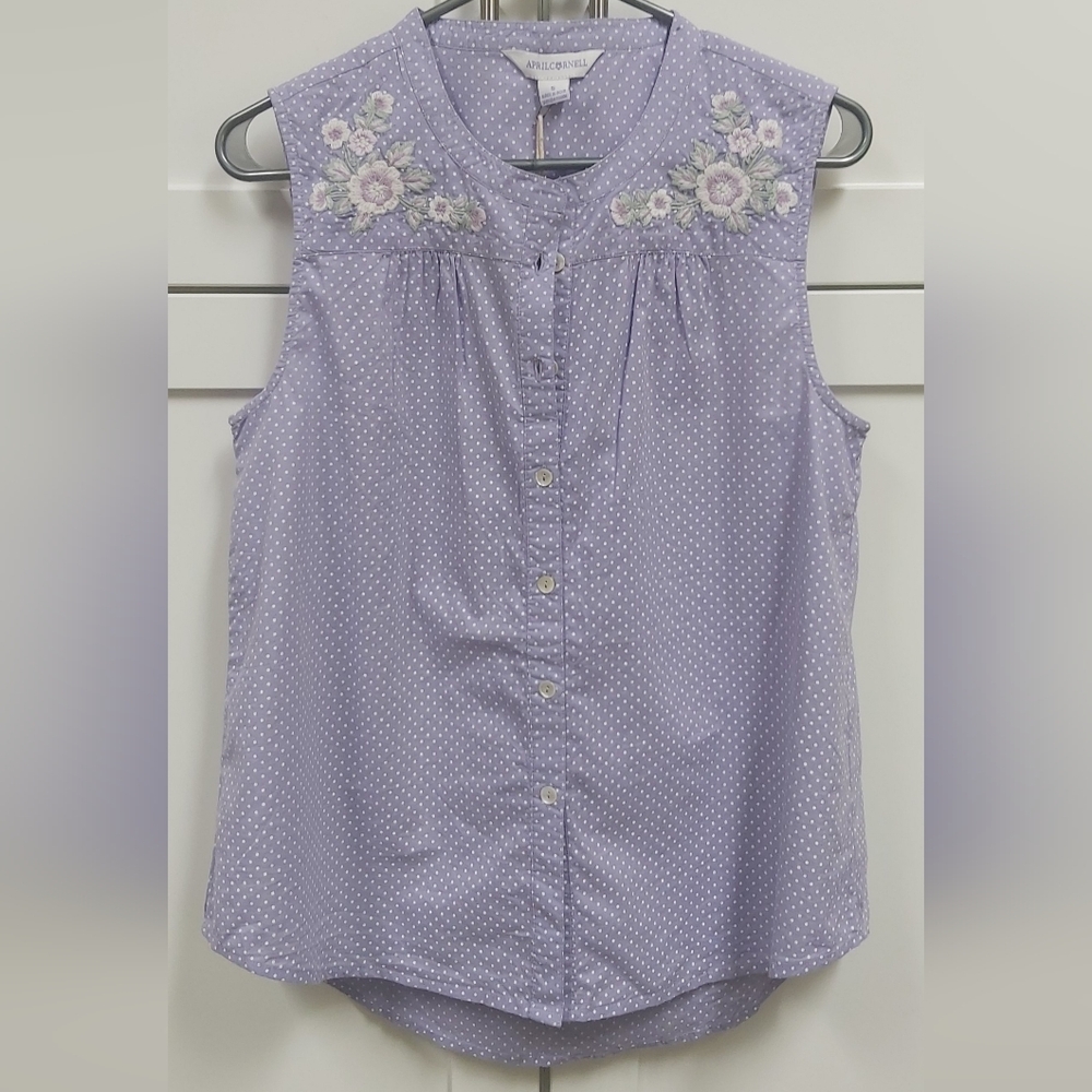 April Cornell Lavender Polka Dot Sleeveless Blouse with Floral Embroidery